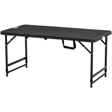 Table de jardin pliante réglable en hauteur pour 4 personnes, finition aspect bois, gris et noir, dimensions 118x60x74 cm