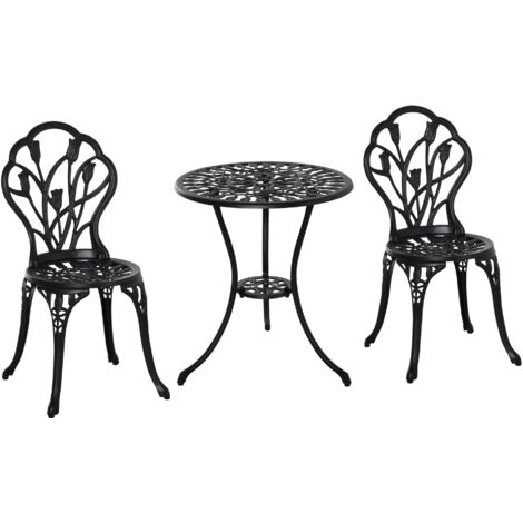 Table de Jardin pour 2 Personnes, Ensemble de Salon de Balcon, Set 1 Table + 2 Chaises en Aluminium Noir