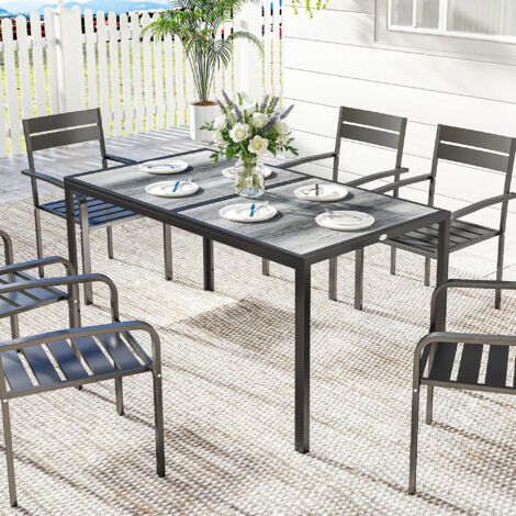 Table de jardin pour 4-6 personnes avec plateau aspect bois, en acier et plastique PSPC, 150x80x74 cm, gris et noir