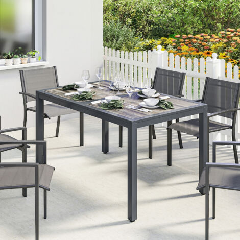 Table de jardin pour 4 à 6 personnes. table à manger extérieure avec plateau à effet bois. 140 x 80 x 72 cm. gris foncé