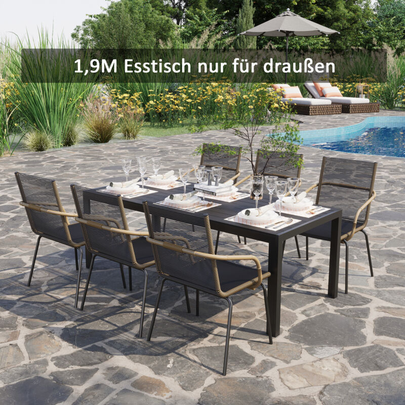 Table de Jardin pour 6-8 Personnes avec Structure en Aluminium, Plateau Composite Effet Bois, Style Moderne, Noir, 190×84,5×72 cm