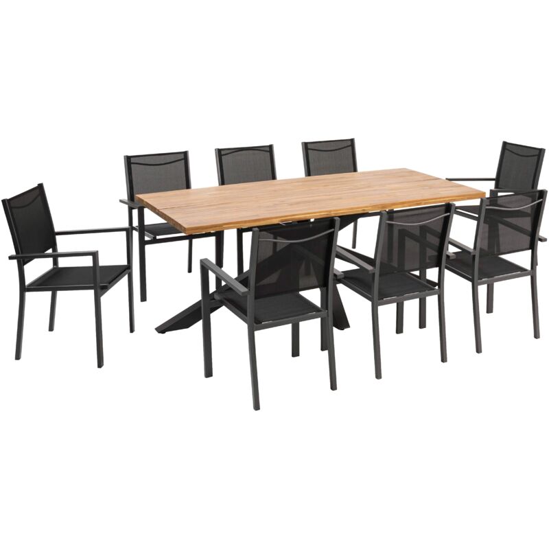 Table de jardin rectangulaire et 8 chaises en aluminium et acacia