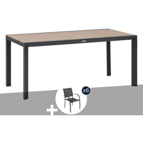 Table de jardin rectangulaire alu Evasion 6 places effet bois honey et graphite  + 6 fauteuils Piazza - Hespéride