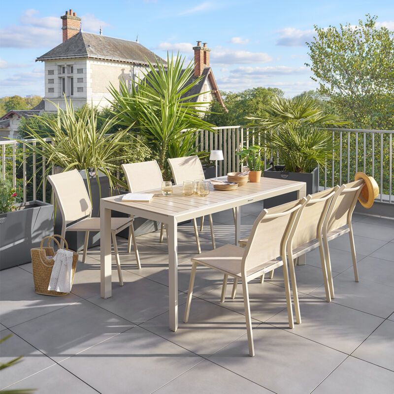 Hesperide - Table de jardin Évasion effet bois lin & argile 6 places lates en aluminium - Hespéride