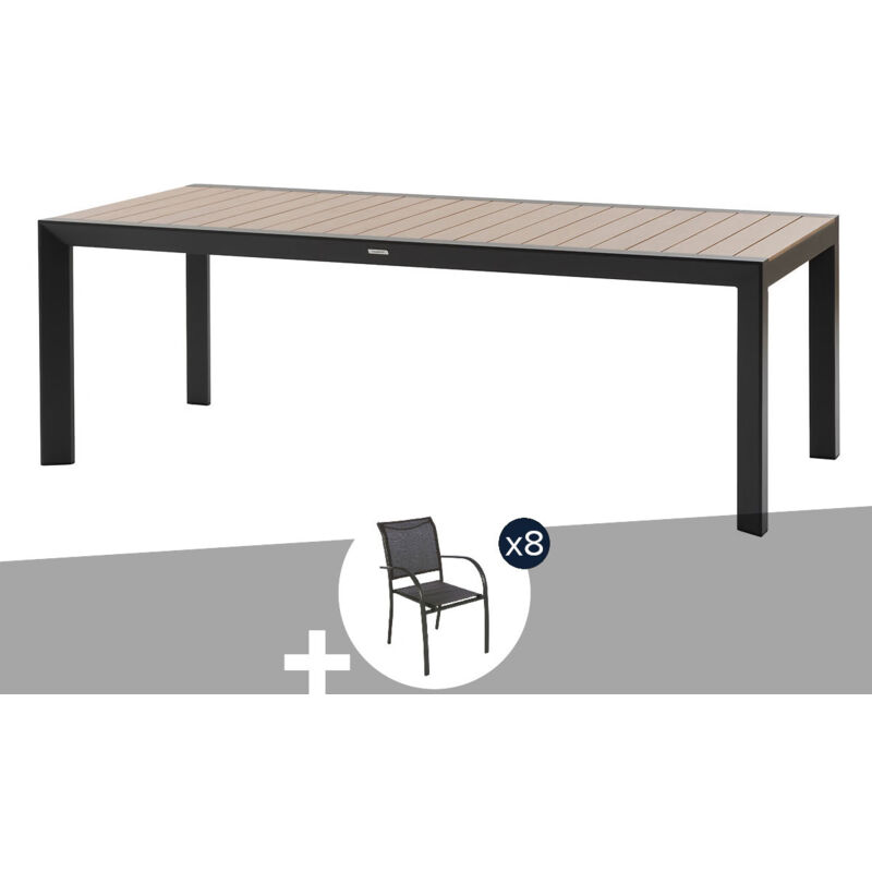 Table de jardin rectangulaire alu Evasion 8 places effet bois Honey Graphite + 8 fauteuils Piazza - Hespéride