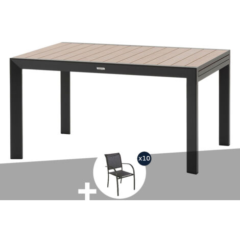 Table de jardin rectangulaire extensible coulissante Evasion  8/10 places effet bois + 10 fauteuils Piazza - Hespéride
