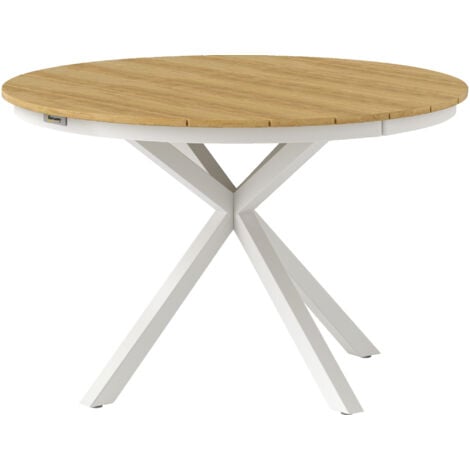 Table de jardin ronde 4 personnes dia. 118 cm piètement alu plateau lattes effet bois teck blanc
