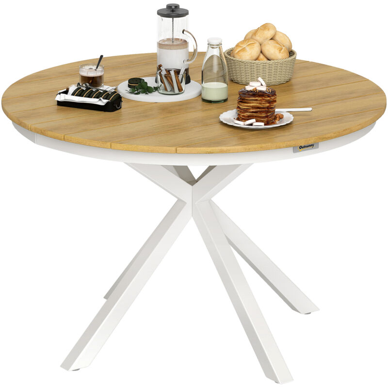 Outsunny - Table de jardin ronde 4 personnes dia. 118 cm piètement alu plateau lattes effet bois teck blanc
