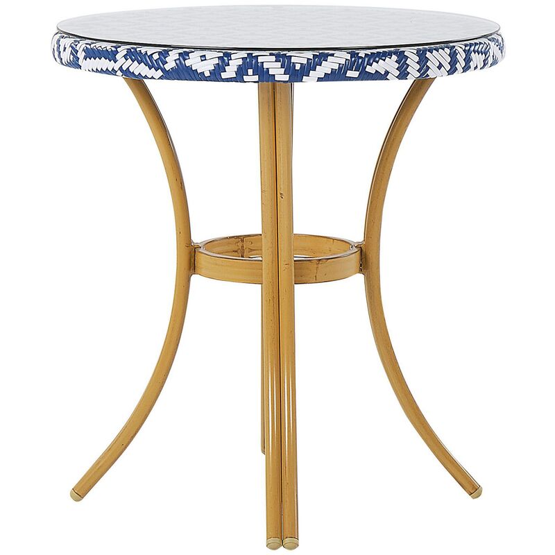 Beliani - Table de Jardin ou Terrasse Type Bistro Ronde 70 cm Motifs Bleus et Blancs en Rotin Design Moderne et Boho Naturel
