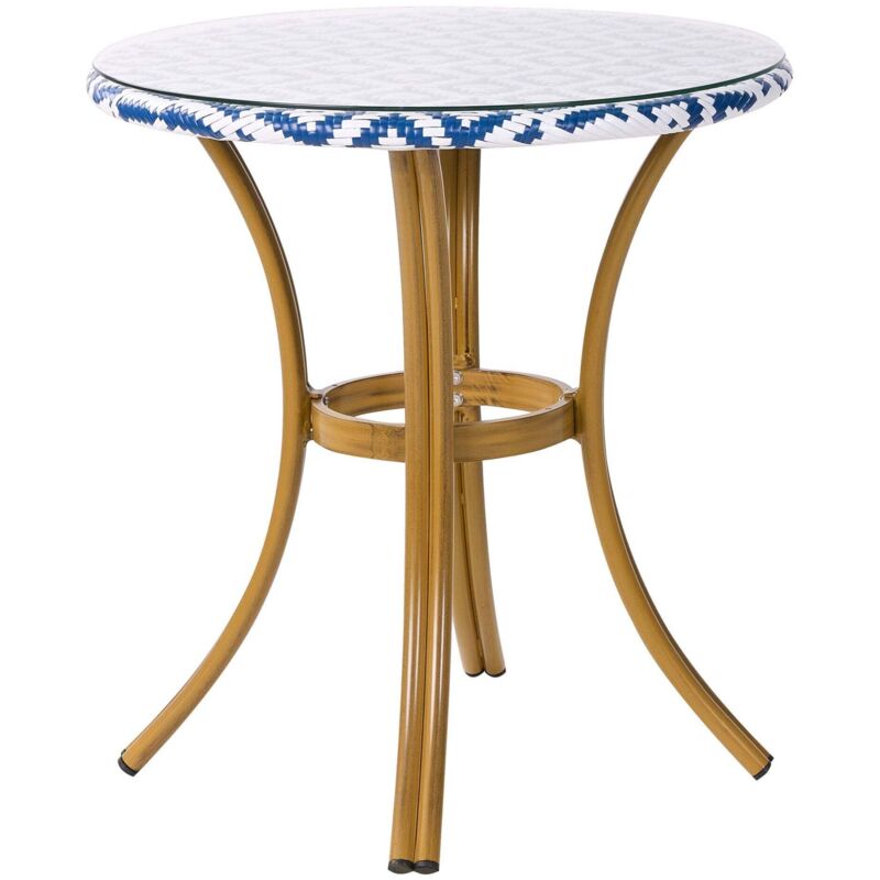 Beliani – Table de jardin ronde 70 cm pour 4 personnes – En polyrotin et aluminium – Plateau en verre trempé – Style boho bleu et blanc