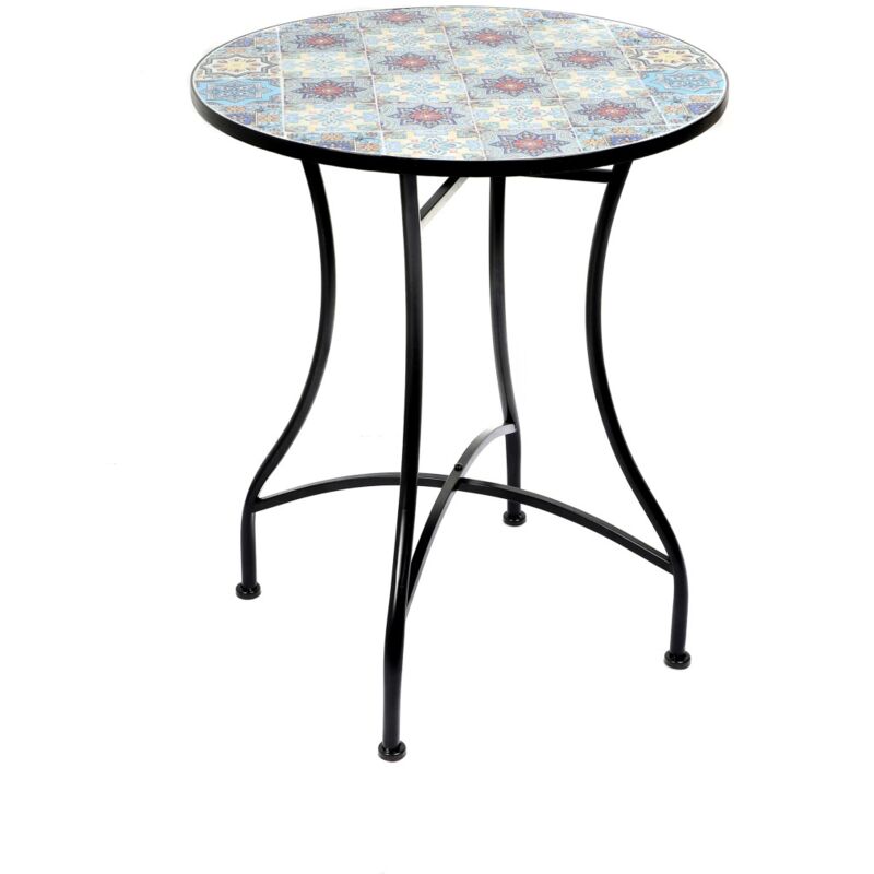 Meublorama - Table de jardin ronde bistrot collection porto – Mosaïque décorative – Métal noir – Ø60xH71 cm
