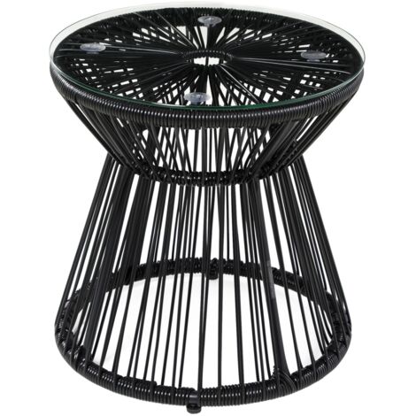 Table de jardin ronde design tambour creux avec plateau en verre - Table basse bistro noire pour balcon, terrasse et extérieur 40x40x42cm