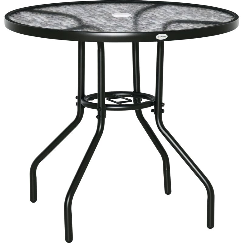 Table de jardin ronde dia. 80 x 72H cm - espace central parasol - métal noir plateau verre trempé texturé