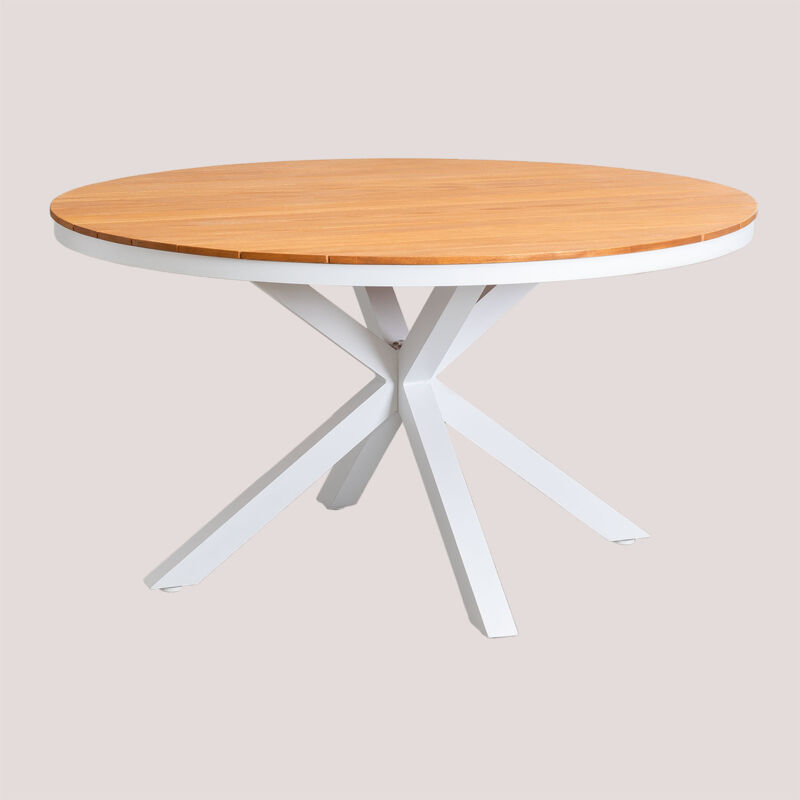 Table de jardin ronde en aluminium et bois d'eucalyptus Archer Sklum Blanc Gardenia Ø140 cm