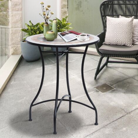 Table de jardin ronde en mosaïque, Ø60 cm, table d'appoint pour balcon ou terrasse, en acier et céramique orange et blanche, hauteur 71 cm.