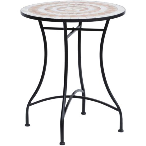 Table de jardin ronde en mosaïque céramique-blanc/orange-acier-Ø60cm-hauteur 71cm-60x60x71cm