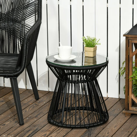 Table de jardin ronde en résine tressée imitation rotin table de bistrot métal plateau verre trempé Ø 40 x 42 cm noir