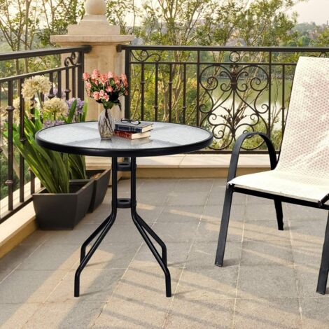 Table de Jardin Ronde en Verre Trempé 70 CM Table Basse de Patio avec Cadre en Métal Robuste et Trou pour Parasol Table à Manger Noir