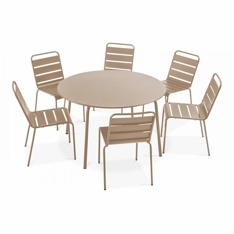 Ensemble table de jardin ronde et 6 chaises en métal taupe - Palavas