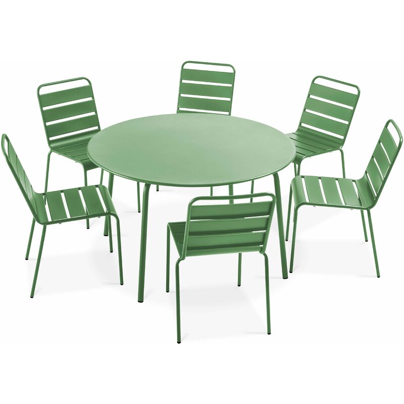 Ensemble table de jardin ronde et 6 chaises en métal vert cactus - Palavas - Vert Cactus