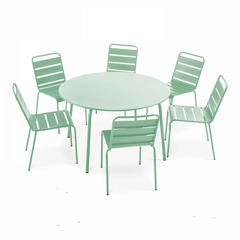 Ensemble table de jardin ronde et 6 chaises en métal vert sauge - Palavas - Vert Sauge