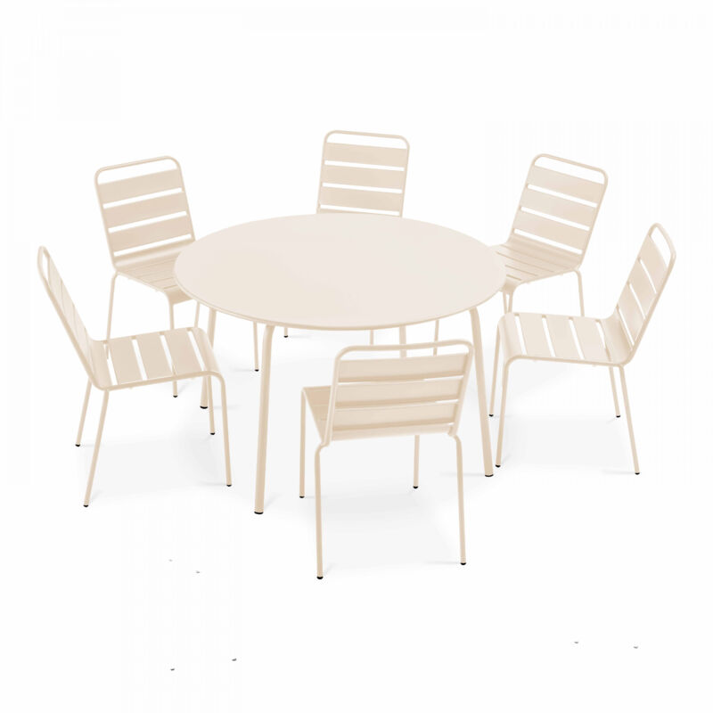 Ensemble table de jardin ronde et 6 chaises en métal ivoire - Palavas