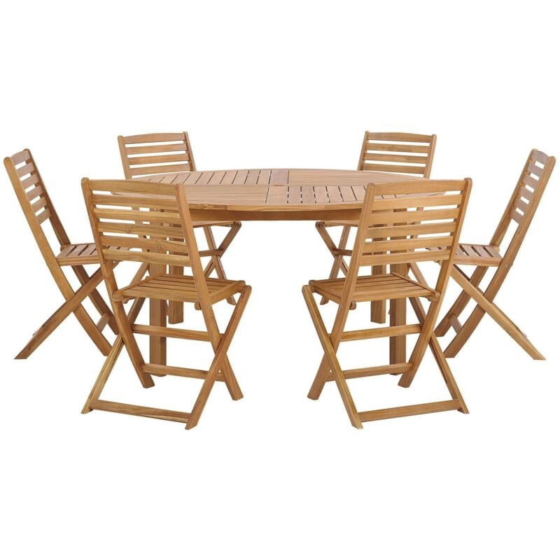 Salle à Manger de Jardin en Bois d'Acacia Clair Table Ronde et 6 Chaises Pliantes pour Extérieur au Style Rustique et Toscane Beliani