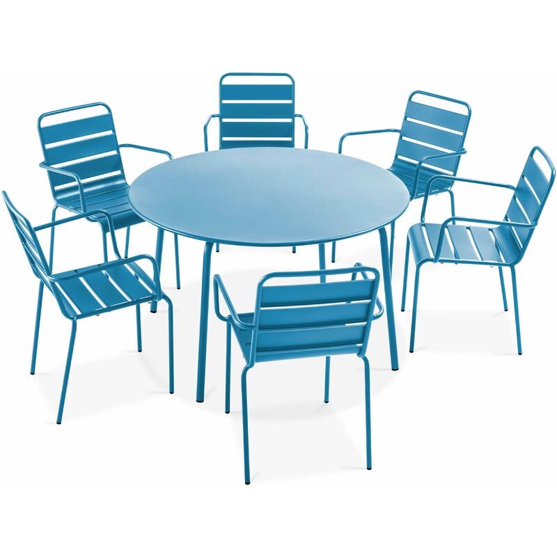 Oviala - Ensemble table de jardin ronde et 6 fauteuils acier bleu pacific - Palavas - Bleu Pacific