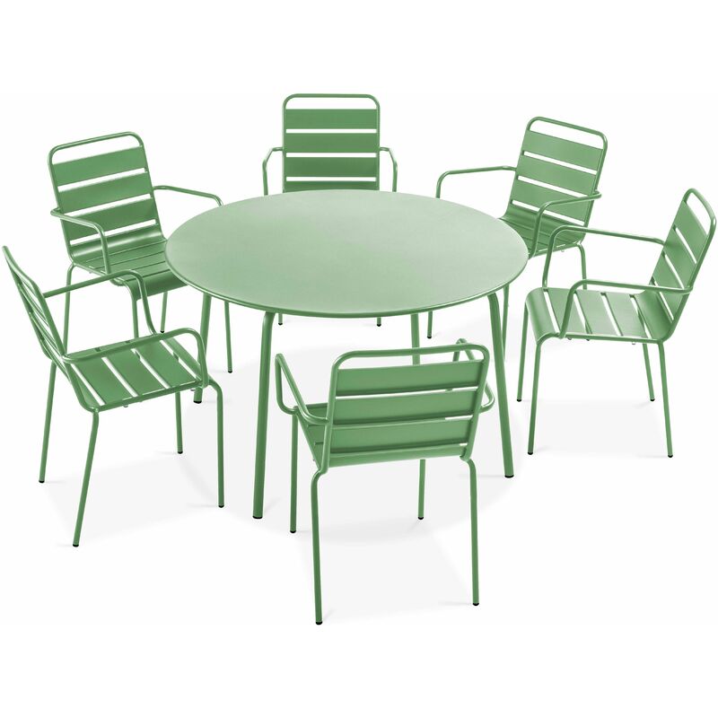 Oviala - Ensemble table de jardin ronde et 6 fauteuils acier vert cactus - Palavas - Vert Cactus
