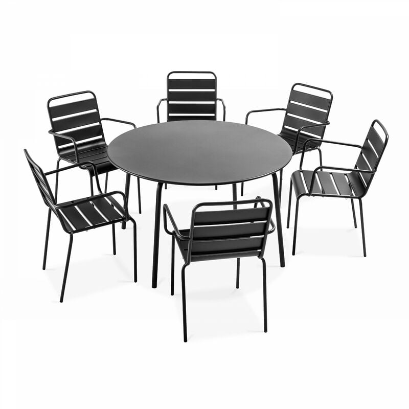 Oviala - Ensemble table de jardin ronde et 6 fauteuils acier gris - Palavas - Gris Anthracite