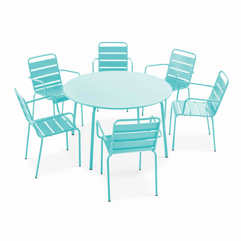 Oviala - Ensemble table de jardin ronde et 6 fauteuils acier turquoise - Palavas - Bleu Turquoise