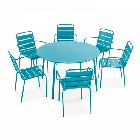 Table de jardin ronde et 6 fauteuils en acier, Palavas