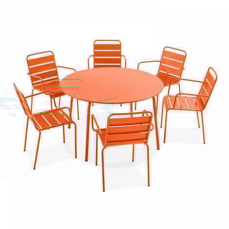 Table de jardin ronde et 6 fauteuils en acier, Palavas Palavas - Orange