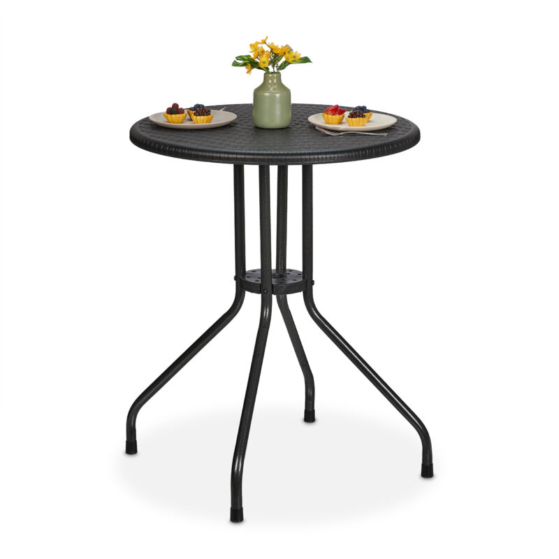 Relaxdays - Table de jardin ronde, h x d : 73 x 60 cm, aspect rotin, extérieur, en plastique et acier, noire