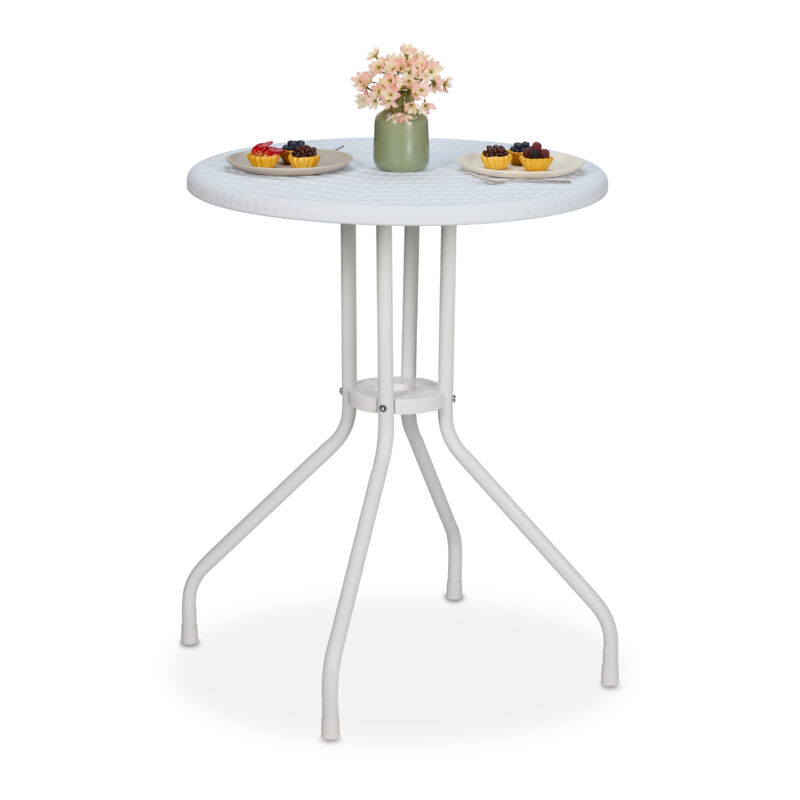 Table de jardin ronde, h x d : 73 x 60 cm, aspect rotin, extérieur, en plastique et acier, blanche - Relaxdays