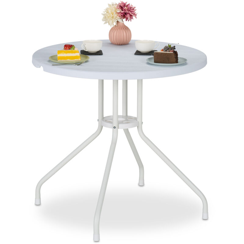 Relaxdays Table de jardin ronde, H x D : 74 x 80 cm, aspect bois, ronde, balcon, terrasse, plastique et acier, blanche