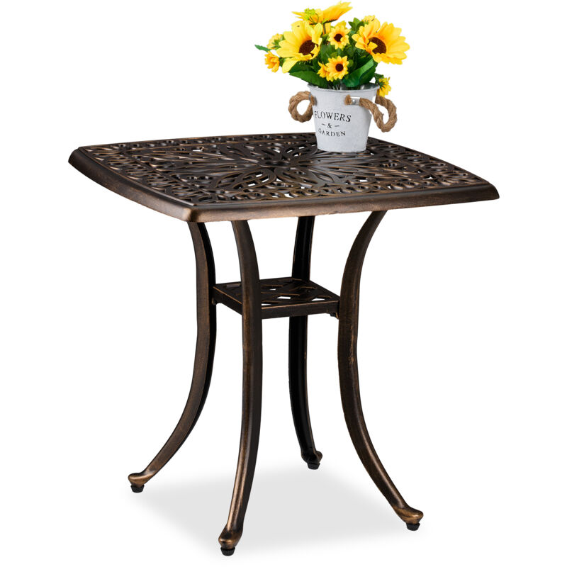 Table de jardin, design rustique, fonte d'aluminium, h x l x p : 53 x 53,5 x 53,5 cm, noir et bronze - Relaxdays