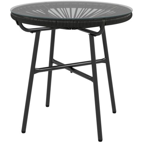 Table de jardin style bohème, table d'appoint d'extérieur, rotin PE, verre trempé, résistante aux intempéries, 50 cm x 50 cm x 50 cm, noire