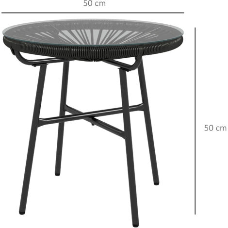 Table de jardin style bohème, table d'appoint d'extérieur, rotin PE, verre trempé, résistante aux intempéries, 50 cm x 50 cm x 50 cm, noire