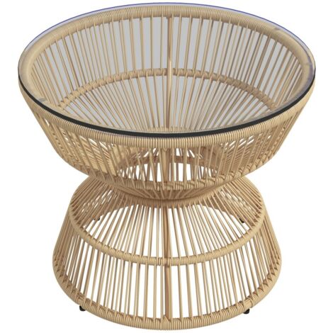Table de jardin-Table basse en rotin-Plateau en verre trempé-Design bohème-Bois naturel-60x60x50cm