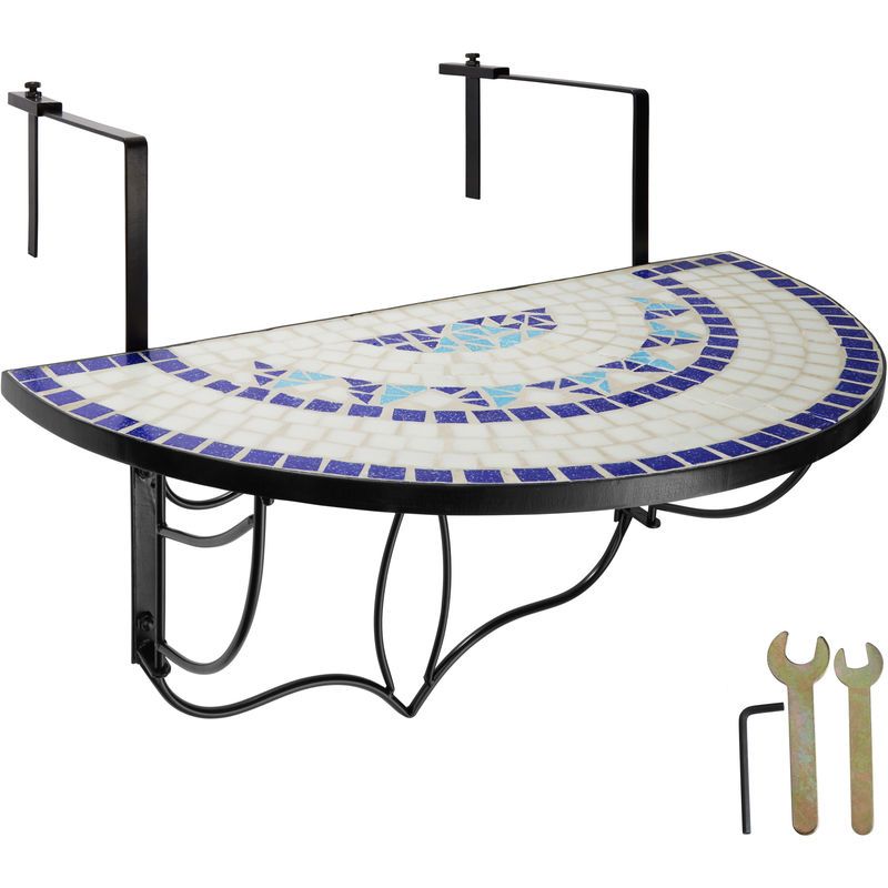 Tectake - Table de balcon en Acier, mosaïque et ciment avec des crochets solides en métal 75 x 65 x 62 cm - blanc/bleu