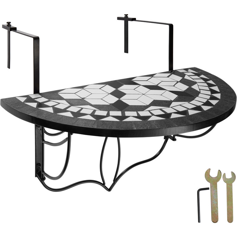 Tectake - Table de balcon en Acier, mosaïque et ciment avec des crochets solides en métal 75 x 65 x 62 cm - noir/blanc