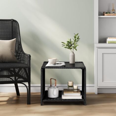 Table de Jardin WOLTU, Table d'Appoint en Rotin PE, avec Plateau en Verre Trempé, Résistante aux Intempéries, Casier Ouvert, 45x45x40cm, Noir