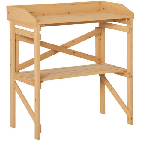Table de jardinage avec étagère, table à fleurs, table de jardin, bois, marron clair, 80 x 40 x 84 cm