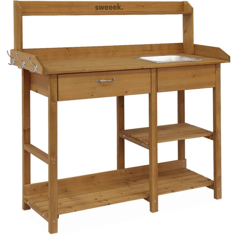 Sweeek - Table de rempotage en bois Capucine. 1 tiroir. 2 étagères. 1 évier. crochets
