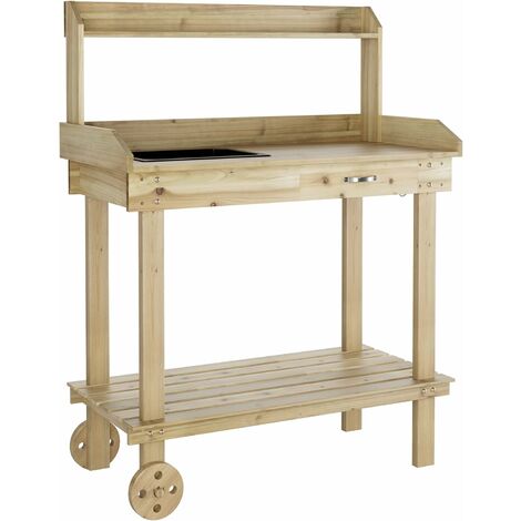 Table de Jardinage Table de Plantation Établi de Travail avec 1 évier en Plastique, 2 roulettes, 1 Tiroir et 3 Crochets en Bois 92x45x120cm