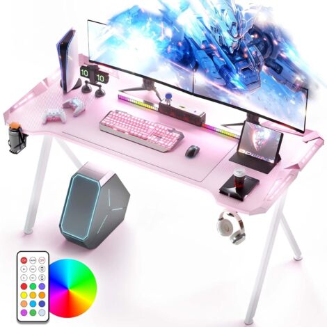 Table de jeu avec LED, RVB avec surface en fibre de carbone, bureau de jeu LED avec télécommande, table de jeu avec porte-gobelet et crochet pour écouteurs, 160 cm, rose
