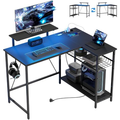 Table de jeu d'angle avec éclairage LED, prise de courant, support pour écran et étagère de rangement  noire.