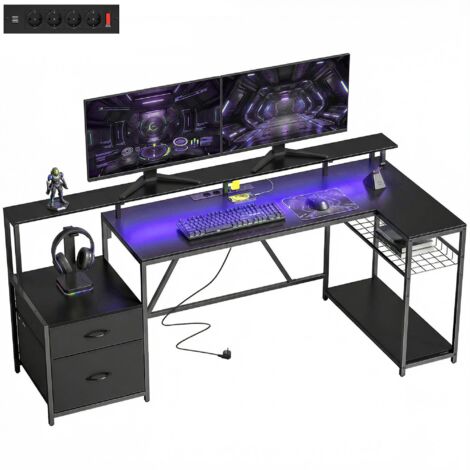 Table de jeu d'angle avec port de chargement, lumière LED et support pour moniteur, en bois et acier, dimensions : 192,5 x 80 x 86,5 cm, noire.