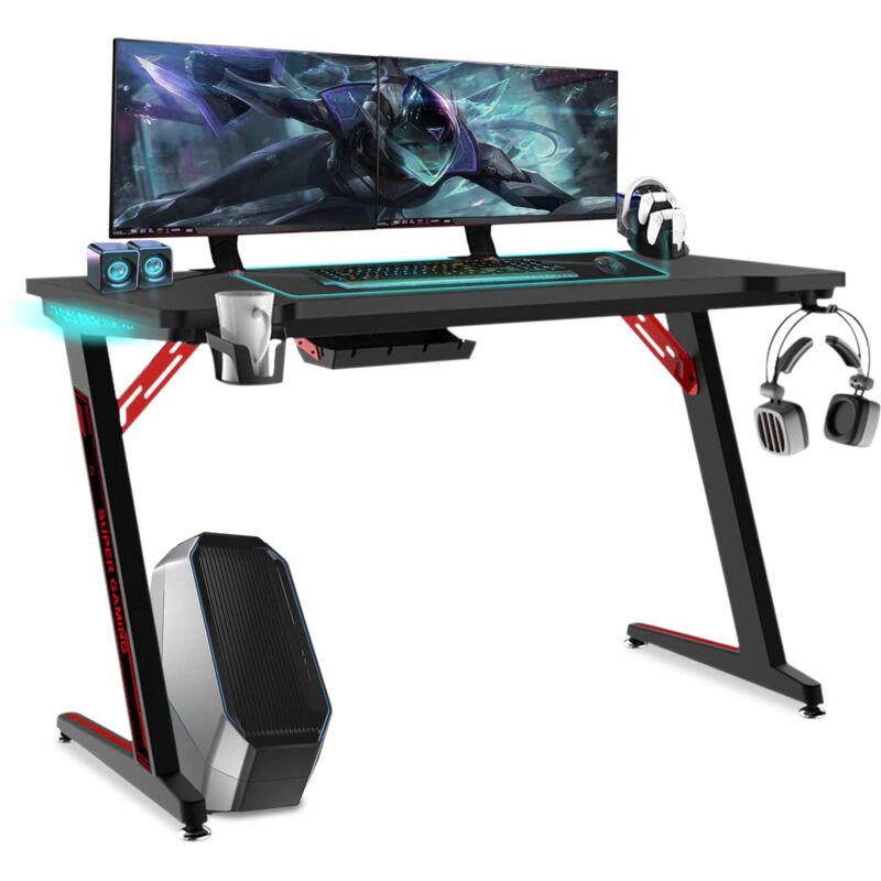 120x60cm Table de jeu noire+rouge Bureau Plateau en fibre de carbone Table d'ordinateur gamer Table pc ergonomique avec trou pour câble & led Naizy